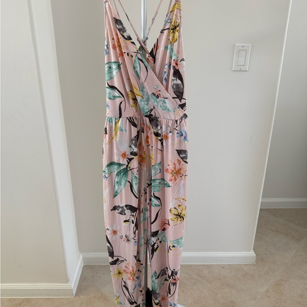 BCBGeneration Pink and Green Floral Jumpsuit with Wide-Leg Design